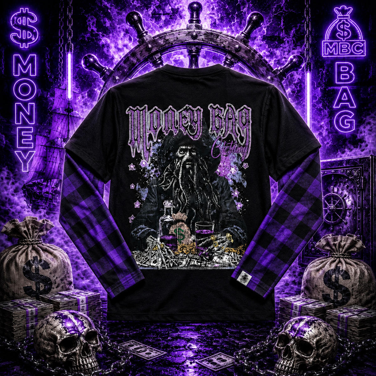 Money Bag rhinestone flannel sleeve Tee