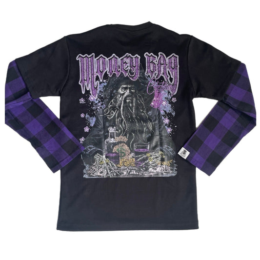 Money Bag rhinestone flannel sleeve Tee