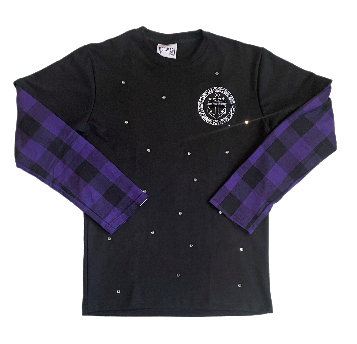 Money Bag rhinestone flannel sleeve Tee